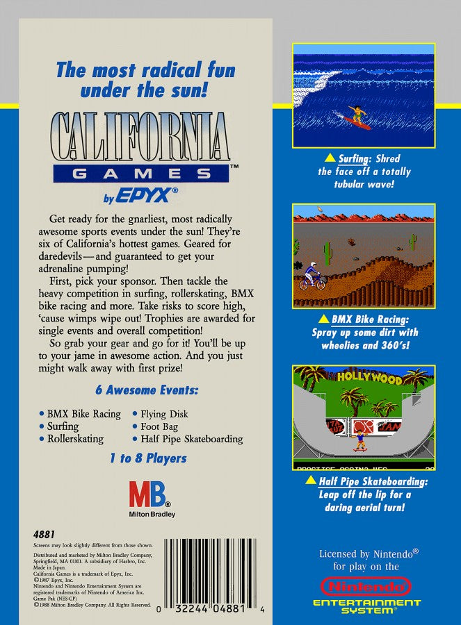 California Games retro NES video game California Games sports extreme sports surfing skateboarding BMX roller skating multiplayer arcade gameplay classic console title Nintendo Entertainment System release back of case