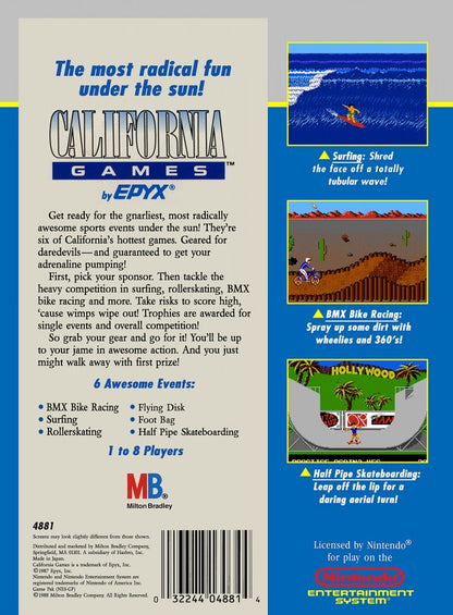 California Games retro NES video game California Games sports extreme sports surfing skateboarding BMX roller skating multiplayer arcade gameplay classic console title Nintendo Entertainment System release back of case