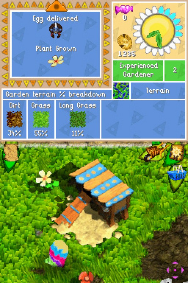 Viva Piñata Pocket Paradise for Nintendo DS, gameplay for a life simulation video game with garden management, creature collecting, resource management, and colorful casual gameplay