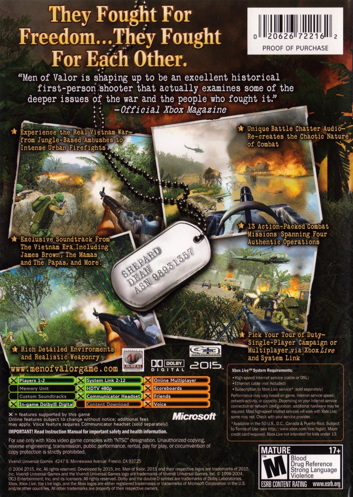 Men of Valor retro Xbox video game Men of Valor military first person shooter Vietnam War tactical combat historical warfare action campaign console title Xbox release back of case
