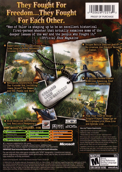Men of Valor retro Xbox video game Men of Valor military first person shooter Vietnam War tactical combat historical warfare action campaign console title Xbox release back of case