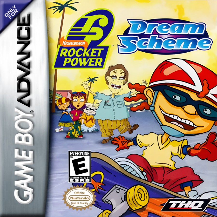 Rocket Power Dream Scheme Game Boy Advance retro video game cover art featuring action sports gameplay skateboarding BMX style challenges beach themed environments team based missions cartoon inspired visuals extreme sports adventure and portable handheld gaming experience on the GBA system