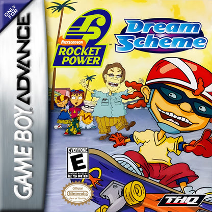 Rocket Power Dream Scheme Game Boy Advance retro video game cover art featuring action sports gameplay skateboarding BMX style challenges beach themed environments team based missions cartoon inspired visuals extreme sports adventure and portable handheld gaming experience on the GBA system