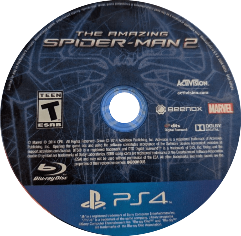 The Amazing Spider-Man 2 disc for PlayStation 4 (PS4) superhero action-adventure game featuring Marvel’s Spider-Man
