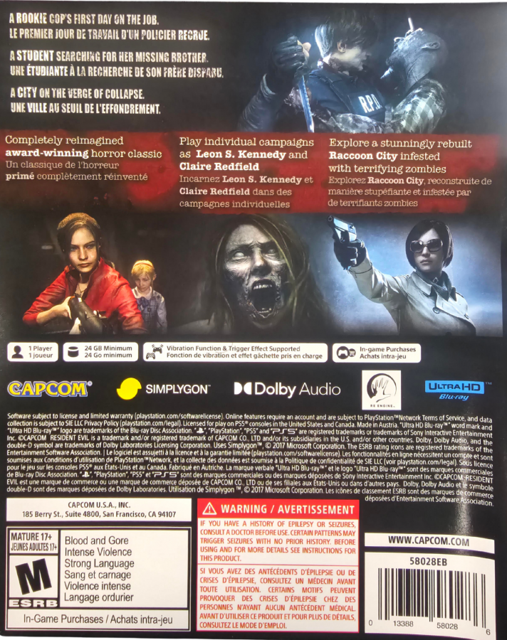 Resident Evil 2 PlayStation 5 PS5 for survival horror action video game fans featuring third person exploration intense combat zombies terrifying creatures puzzle solving resource management police station and Raccoon City environments Leon Kennedy and Claire Redfield campaigns cinematic storytelling and immersive horror adventure collectible gaming appeal back cover art