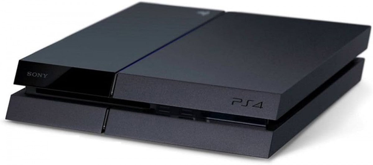 PlayStation 4 500GB Console Sony PS4 home video game console with 500GB storage Blu ray gaming system HDMI output wireless controller support gaming entertainment system front angled view with blue power light