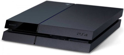 PlayStation 4 500GB Console Sony PS4 home video game console with 500GB storage Blu ray gaming system HDMI output wireless controller support gaming entertainment system front angled view with blue power light