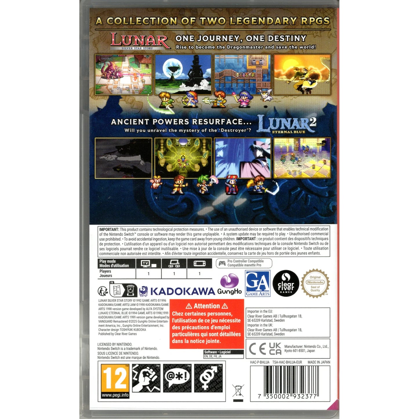 Lunar Remastered Collection back of box for Nintendo Switch classic RPG video game