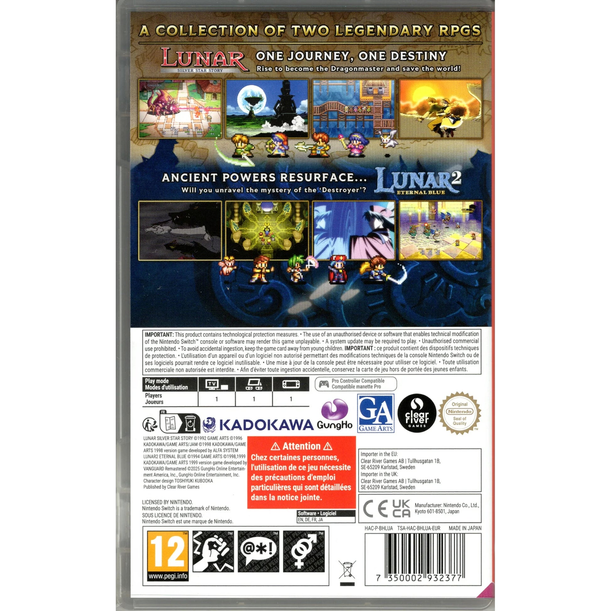 Lunar Remastered Collection back of box for Nintendo Switch classic RPG video game