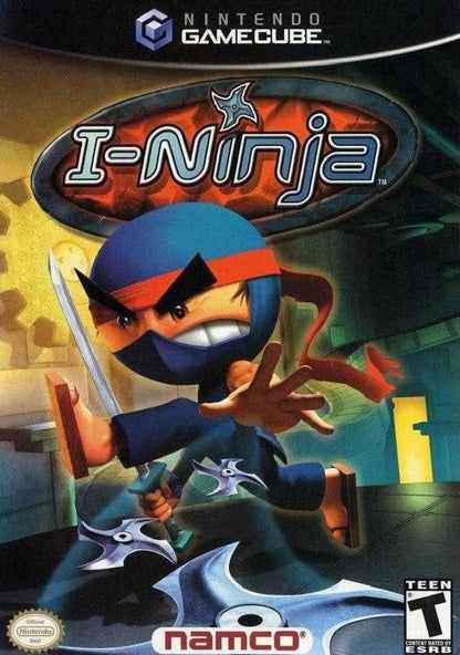I-Ninja GameCube GC video game, action platformer, stealth and combat gameplay, cartoon-style adventure, multiplayer, Nintendo GameCube title game cover art 