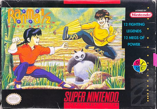 Ranma 1 2 Hard Battle Super Nintendo SNES fighting game anime brawler versus combat one on one battles Rumiko Takahashi characters multiplayer fighting retro 16 bit gaming Super Nintendo Entertainment System software video game title cover art 