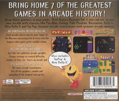 Namco Museum: Volume 1 back of case for PlayStation 1 (PS1) retro video game
