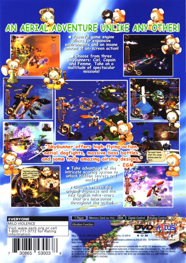 Retro SkyGunner PS2 inspired design featuring fantasy aerial combat aesthetic vintage PlayStation 2 steampunk airship battles cel shaded visuals anime inspired flying action whimsical sky adventure nostalgic arcade flight gameplay back cover art
