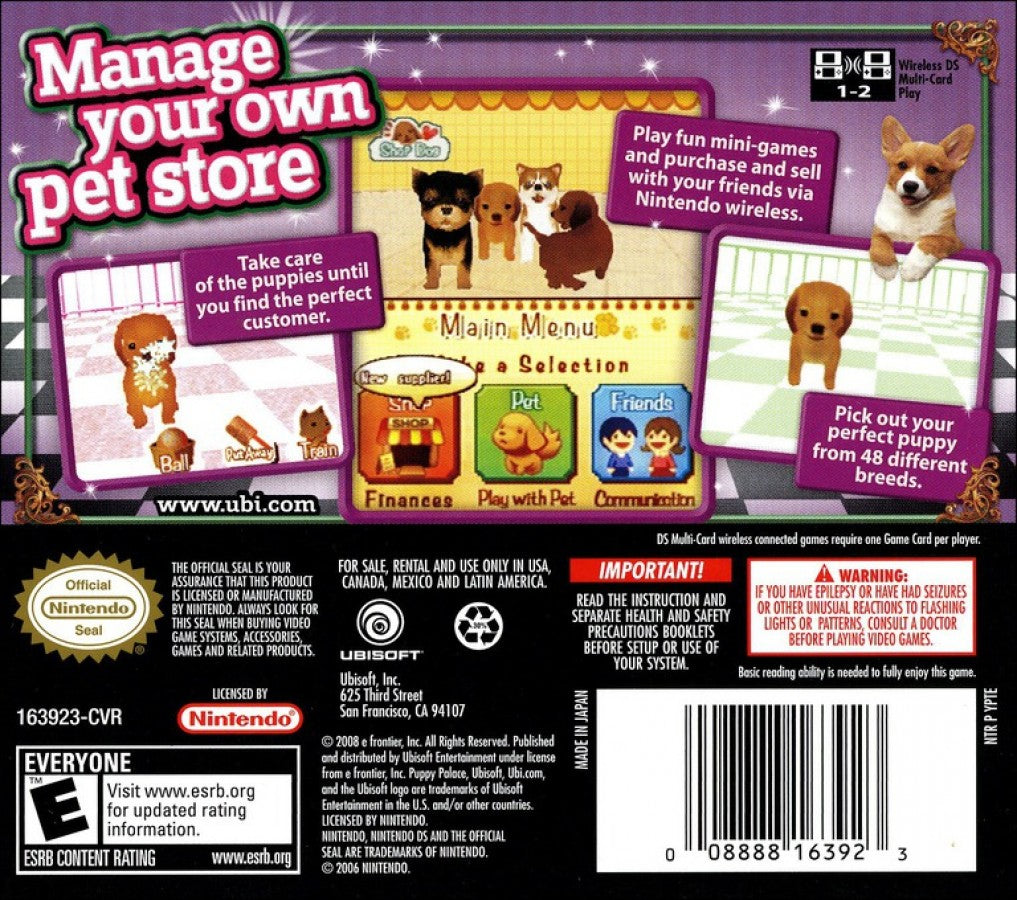Puppy Palace back of cart for Nintendo DS (DS) pet care simulation video game