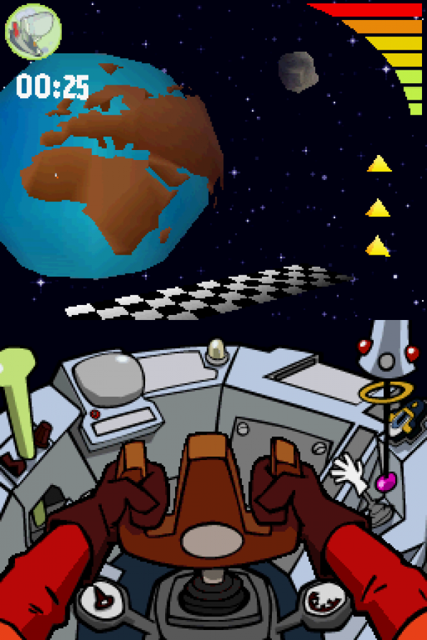 Galaxy Racers for Nintendo DS, gameplay for an arcade racing video game with sci-fi vehicles, fast-paced tracks, power-ups, and competitive gameplay