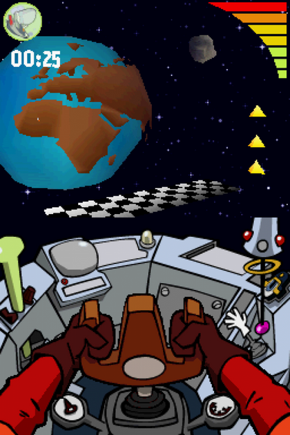 Galaxy Racers for Nintendo DS, gameplay for an arcade racing video game with sci-fi vehicles, fast-paced tracks, power-ups, and competitive gameplay