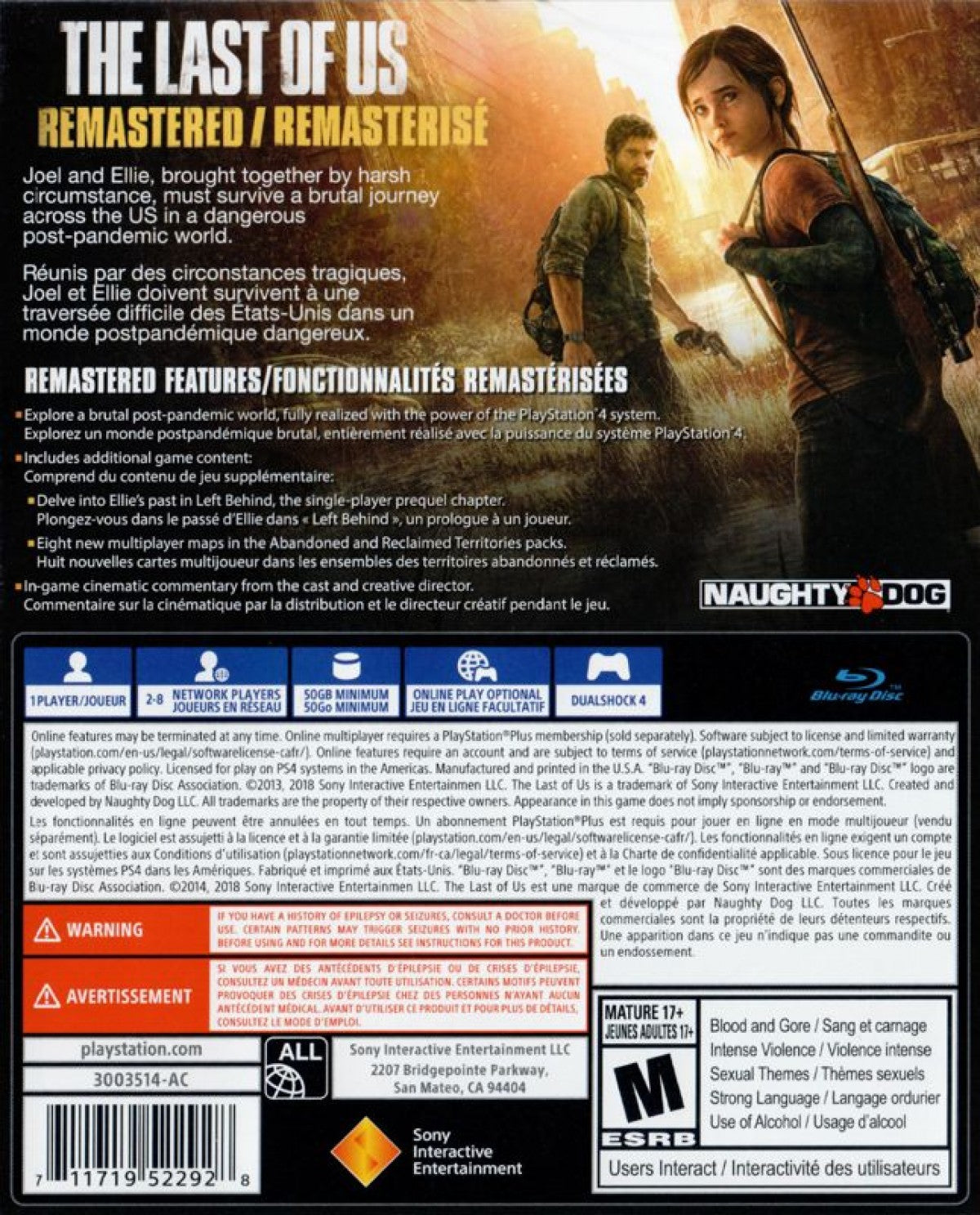 The Last of Us: Remastered [PlayStation Hits] – PlayStation 4 (PS4) video game back of case, action-adventure survival.