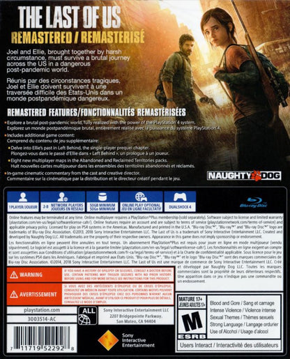 The Last of Us: Remastered [PlayStation Hits] – PlayStation 4 (PS4) video game back of case, action-adventure survival.