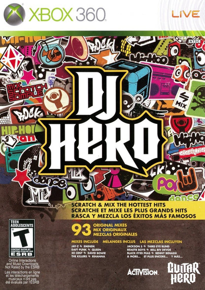DJ Hero retro Xbox 360 video game featuring music rhythm gameplay, DJ mixing action, multiplayer party challenges and classic Xbox 360 entertainment - cover art