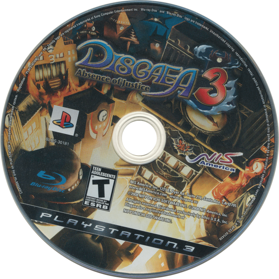 Disgaea 3: Absence of Justice disc art for PlayStation 3 (PS3) video game