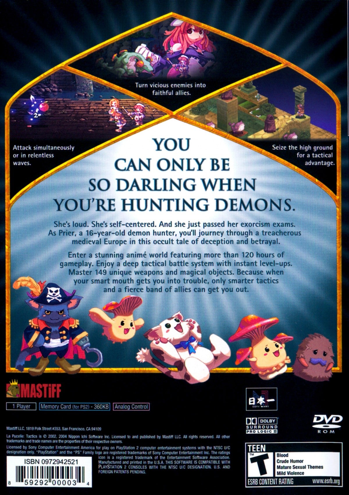 La Pucelle Tactics PS2 Sony PlayStation 2 tactical RPG strategy game grid based combat turn based battles Disgaea style gameplay Nippon Ichi Software fantasy story character progression demon hunting grid strategy PlayStation 2 software video game title back cover art