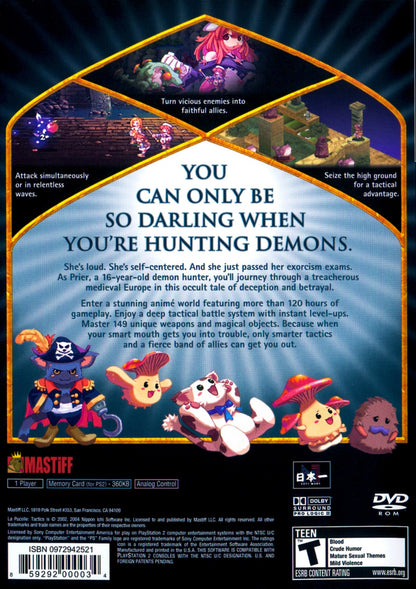 La Pucelle Tactics PS2 Sony PlayStation 2 tactical RPG strategy game grid based combat turn based battles Disgaea style gameplay Nippon Ichi Software fantasy story character progression demon hunting grid strategy PlayStation 2 software video game title back cover art