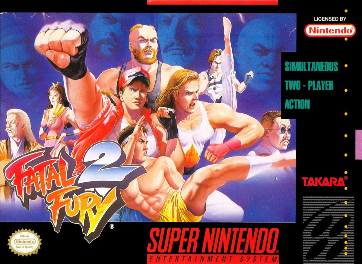 Fatal Fury 2 Super Nintendo Entertainment System SNES video game featuring 2D fighting gameplay Terry Bogard Andy Bogard Joe Higashi martial arts combat special moves combo attacks competitive matches character battles and classic 16 bit Nintendo arcade gameplay retro video game collection collectible gaming appeal front cover art