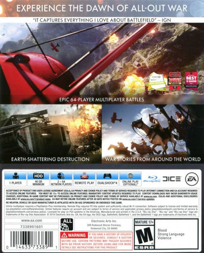Battlefield 1 back of case for PlayStation 4 (PS4) first-person World War I shooter video game