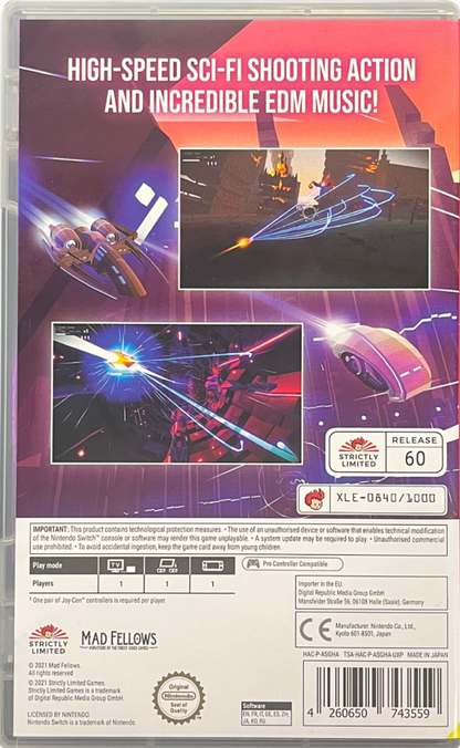 Aaero Complete Edition Nintendo Switch for retro video game enthusiasts featuring rhythm action gameplay music synchronized flight mechanics fast paced shooting sequences neon visual style immersive electronic soundtrack and collectible gaming appeal back art  