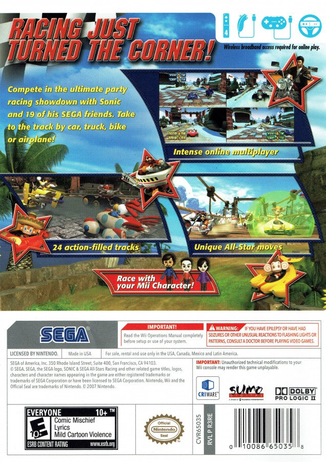Sonic & SEGA All-Stars Racing back cover art for Nintendo Wii (Wii) video game