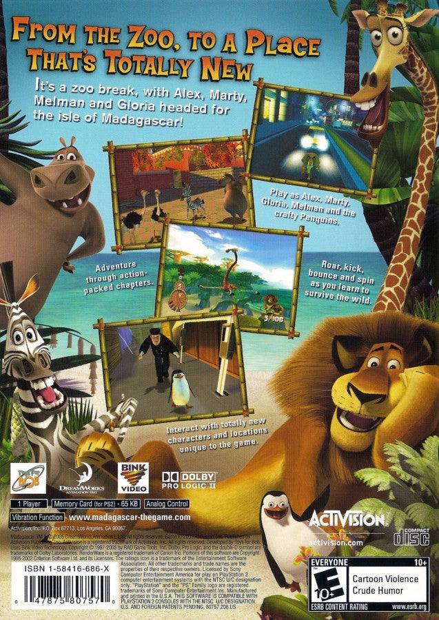 Retro Madagascar PS2 inspired design featuring colorful animated adventure aesthetic vintage PlayStation 2 movie based gameplay zoo animals wild jungle exploration cartoon platforming family friendly action nostalgic DreamWorks gaming presentation - back of case