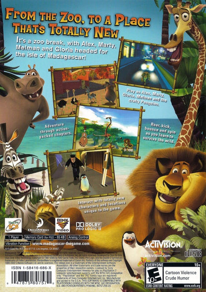 Retro Madagascar PS2 inspired design featuring colorful animated adventure aesthetic vintage PlayStation 2 movie based gameplay zoo animals wild jungle exploration cartoon platforming family friendly action nostalgic DreamWorks gaming presentation - back of case