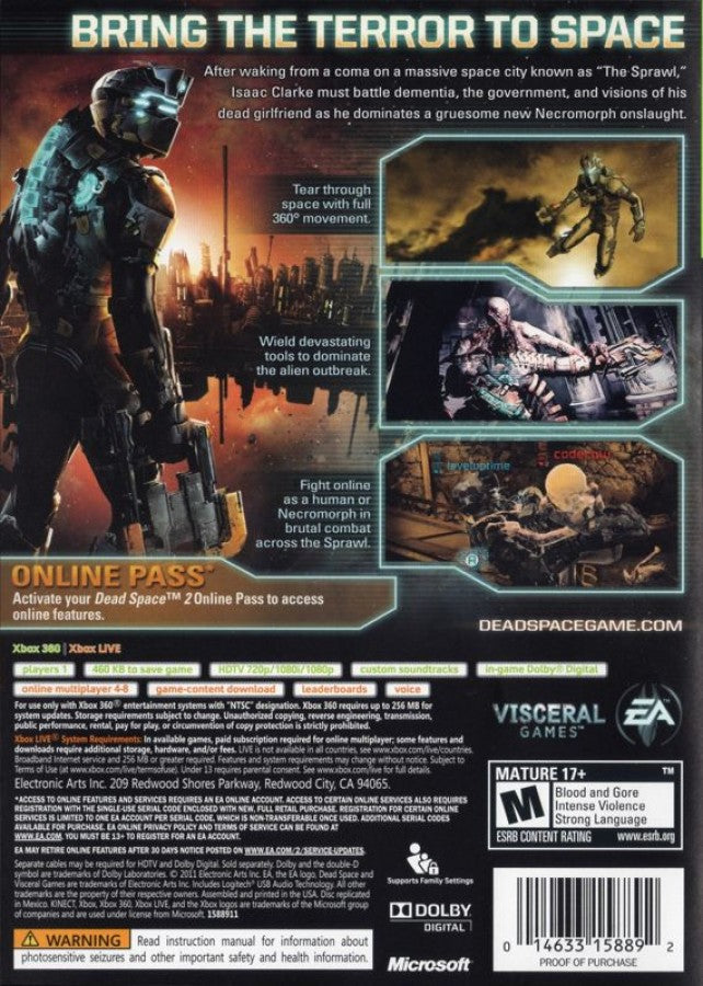 Dead Space 2 back of box for Xbox 360 (X360) survival horror video game