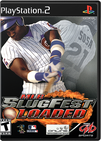 MLB Slugfest: Loaded cover art for PlayStation 2 (PS2) featuring over‑the‑top arcade baseball action with fiery pitches, hard‑hitting collisions, and exaggerated player moves