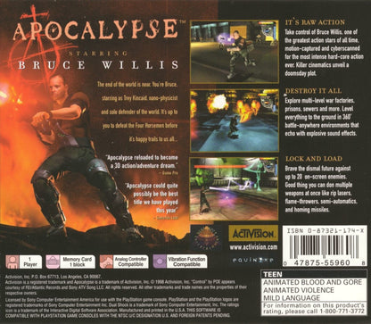 Apocalypse retro sci-fi action run and gun shooter game for PlayStation 1 (PS1) back of case