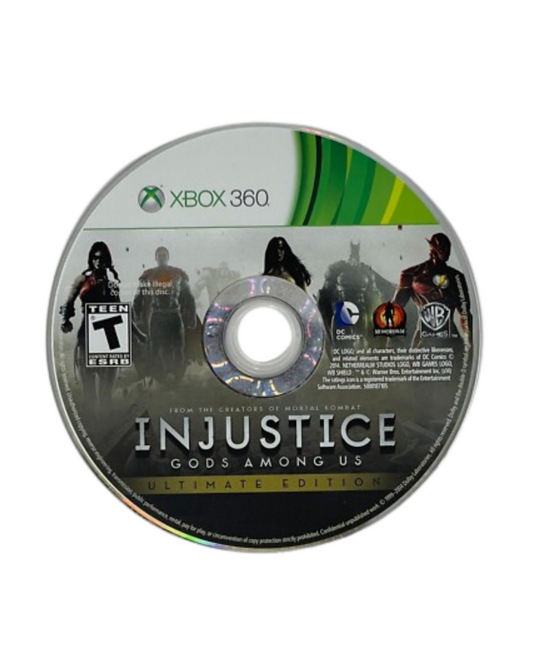 Injustice: Gods Among Us Ultimate Edition Xbox 360 disc art for fighting video game.