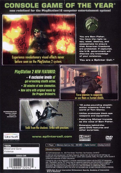 Tom Clancy's Splinter Cell: Stealth Action Redefined – PlayStation 2 (PS2) video game back of case, stealth action.