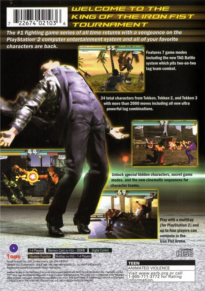 Tekken Tag Tournament PlayStation 2 PS2 video game, fighting action, tag-team battles, classic Tekken series title back cover