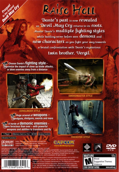 Devil May Cry 3: Dante’s Awakening for PlayStation 2 (PS2) at Gamers INC, featuring the explosive prequel that defined stylish action with fast, combo-heavy sword and gun combat, multiple fighting styles to master, iconic boss battles, and a high-energy story that pits Dante against Vergil in one of the greatest hack-and-slash games of all time back cover
