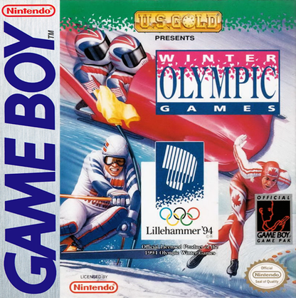 Winter Olympic Games Lillehammer 94 Game Boy GB cover art for retro video game enthusiasts featuring multi event sports gameplay winter Olympic competition alpine skiing speed skating ski jumping and track events simple arcade style controls and portable handheld classic sports gaming experience and collectible gaming appeal