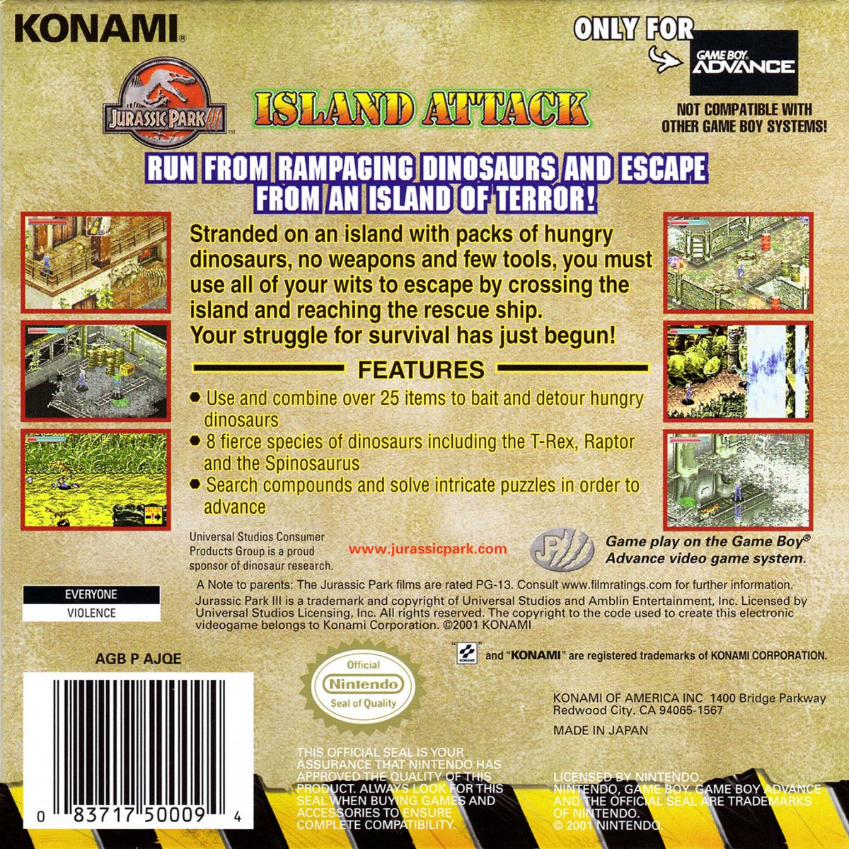 Jurassic Park III Island Attack Game Boy Advance GBA for action adventure video game fans featuring dinosaur encounters island exploration survival gameplay platforming combat challenging levels Jurassic Park environments and classic portable Nintendo gameplay collectible gaming appeal back cover art