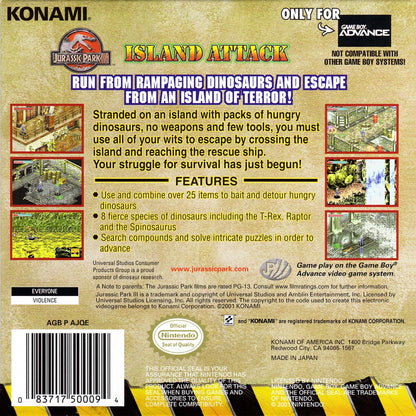 Jurassic Park III Island Attack Game Boy Advance GBA for action adventure video game fans featuring dinosaur encounters island exploration survival gameplay platforming combat challenging levels Jurassic Park environments and classic portable Nintendo gameplay collectible gaming appeal back cover art