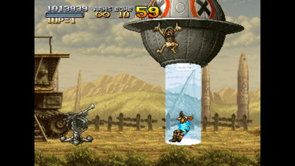 Metal Slug 3 Xbox run and gun arcade shooter video game SNK Neo Geo side-scrolling action multiple branching paths player selectable characters Marco Eri Fio Germi Tarma Roving heavy machine gun shotgun flame shot rocket launcher enemy vehicles slug tank flying submarine camel slave zombie transformation aliens mummies yetis hidden missions unlimited continues cooperative gameplay classic 2D sprite animation challenging difficulty gameplay screenshot