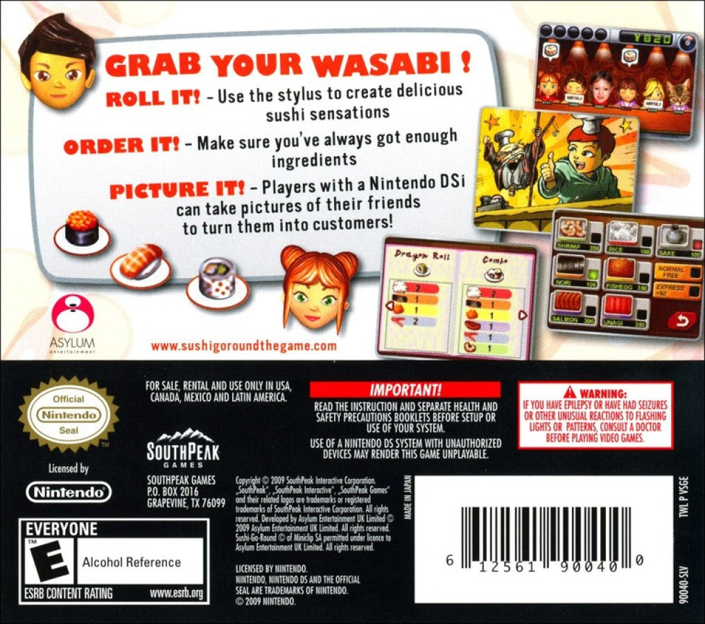 Sushi Go Round Nintendo DS DS video game featuring restaurant management simulation gameplay sushi chef challenges Japanese cuisine preparation ingredient matching fast paced order fulfillment customer service time management cooking mini games sushi rolls nigiri rice preparation kitchen upgrades and challenging restaurant levels colorful food themed graphics and classic Nintendo DS handheld gaming retro video game collection collectible gaming appeal back cover art