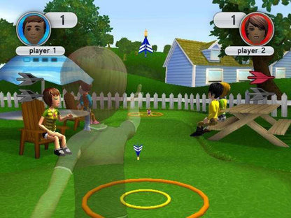 Game Party 2 game for the Nintendo Wii featuring party style mini games including darts hoop shoot horseshoes and bean bag toss with motion controls multiplayer modes and a variety of casual arcade and backyard style activities for up to four players
 gameplay