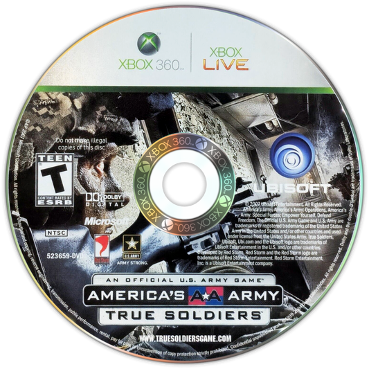 Americas Army True Soldiers retro Xbox 360 video game featuring military shooter gameplay, tactical combat missions, squad based action and classic Xbox 360 entertainment - disc
