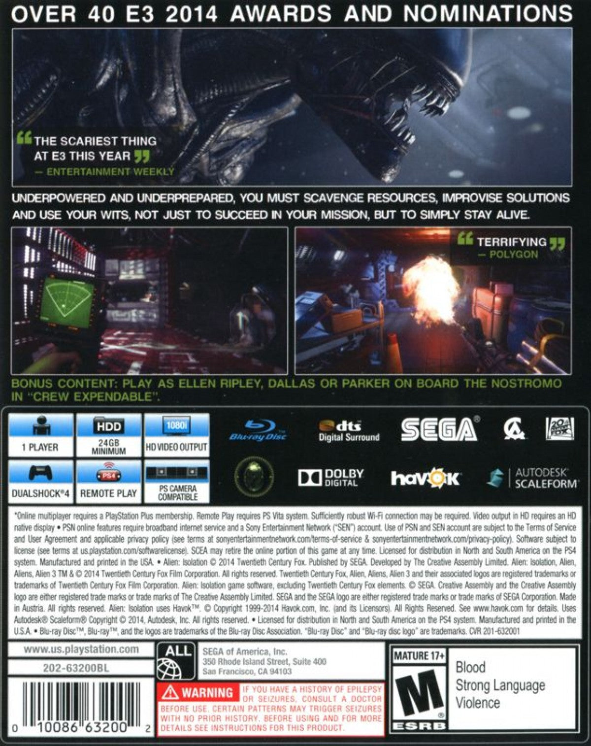 Alien Isolation Nostromo Edition PlayStation 4 PS4 for retro video game enthusiasts featuring survival horror gameplay stealth based encounters tense alien evasion mechanics atmospheric sci fi exploration resource management challenges cinematic suspense and collectible gaming appeal back cover