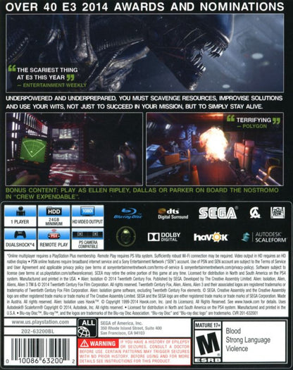 Alien Isolation Nostromo Edition PlayStation 4 PS4 for retro video game enthusiasts featuring survival horror gameplay stealth based encounters tense alien evasion mechanics atmospheric sci fi exploration resource management challenges cinematic suspense and collectible gaming appeal back cover