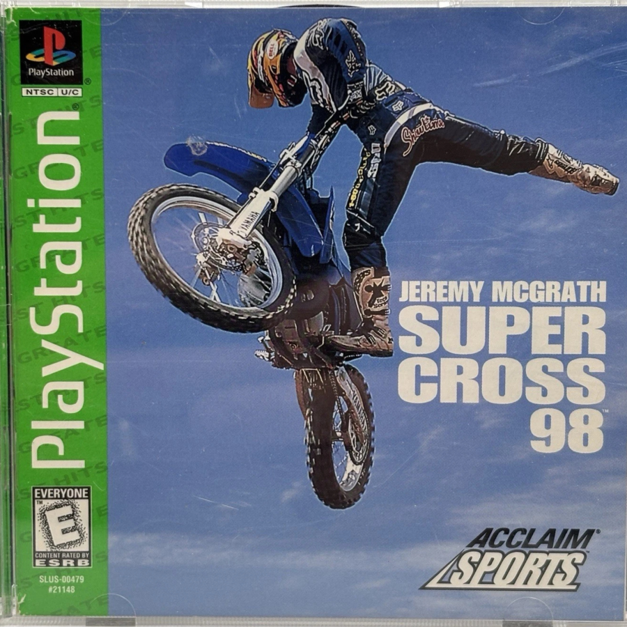 Jeremy McGrath Supercross 98 Greatest Hits PlayStation PS1 for motocross racing video game fans featuring off road motorcycle racing realistic supercross tracks high speed competition championship modes trick riding authentic motocross action multiplayer gameplay collectible gaming appeal front cover art