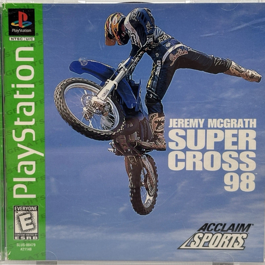 Jeremy McGrath Supercross 98 Greatest Hits PlayStation PS1 for motocross racing video game fans featuring off road motorcycle racing realistic supercross tracks high speed competition championship modes trick riding authentic motocross action multiplayer gameplay collectible gaming appeal front cover art